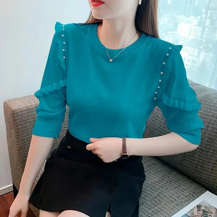 欧货时尚半袖针织恤女春装新款洋气修身显瘦打底衫百搭毛衣上衣