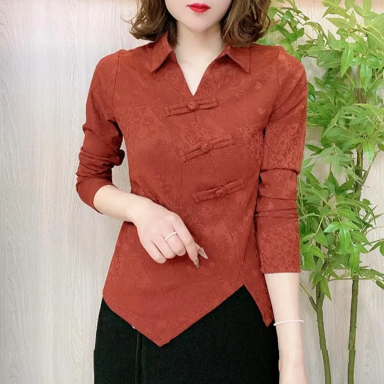 冬季新款时尚衬衫领提花盘扣开叉一体绒修身显瘦洋气女人味小衫