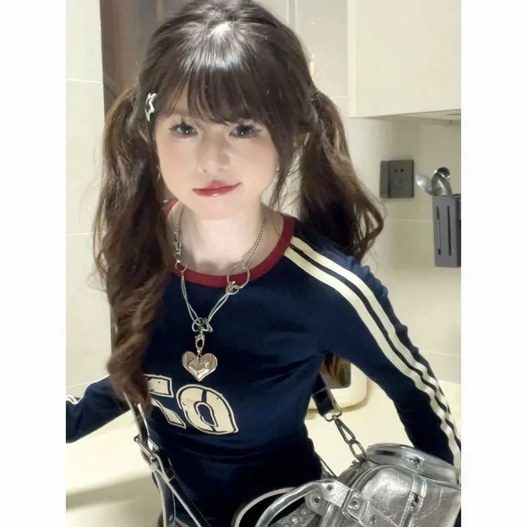 美式印花高腰2025秋季设计感ins修身紧身长袖打底T恤女装显瘦上衣