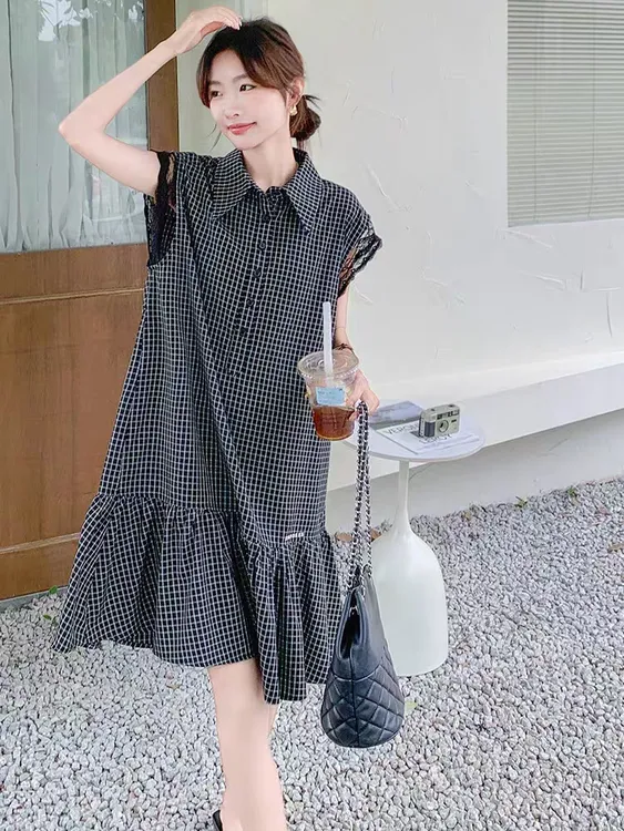 夏季新款时尚格子拼接蕾丝短袖百搭显瘦连衣裙