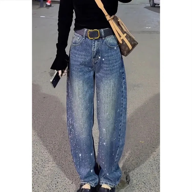 艾塔莉秋季女新款美式细闪牛仔裤宽松复古高腰阔腿裤子长款拖地裤