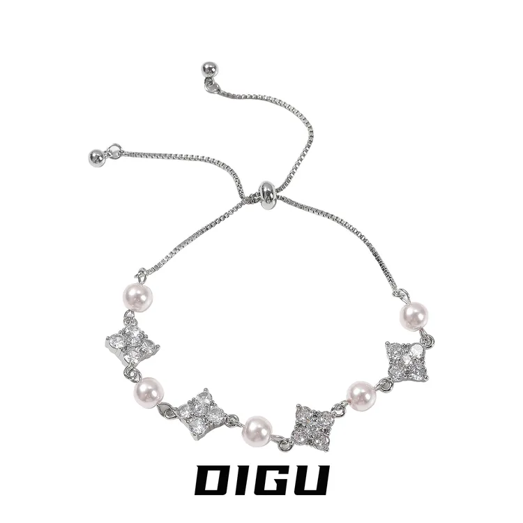 嘀咕家 铜合金仿珍珠手链 法式四叶草珍珠手链抽拉可调节手饰手环