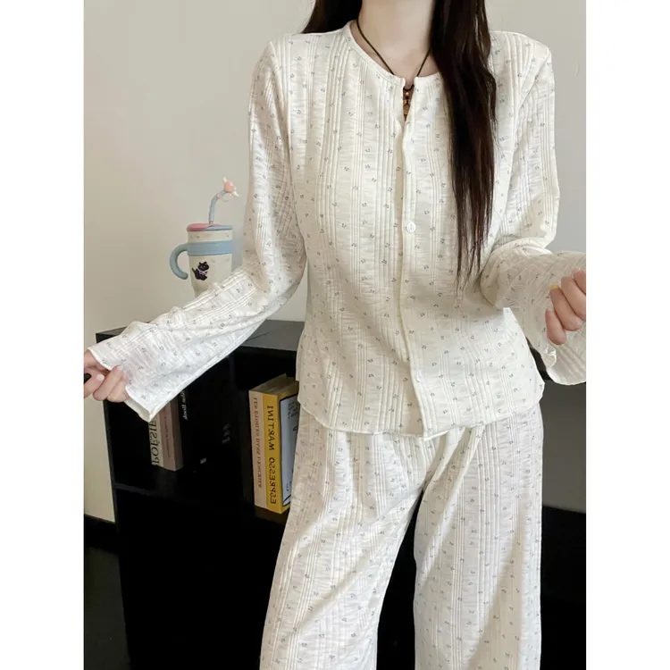 【DMXJ大梦想家】甜美简约休闲小清新碎花睡衣女春秋新款家居服套装