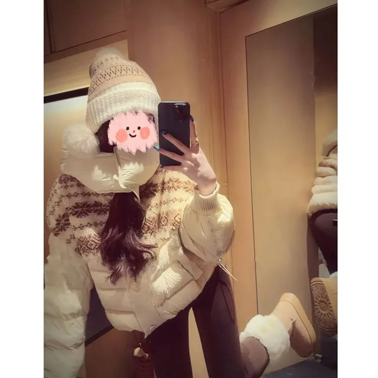 费尔岛拼接蓬松短外套冬季新款保暖加厚复古韩系棉衣外套女