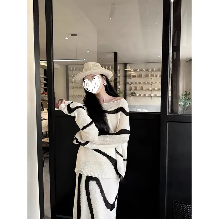 法式针织套装裙女2025新款宽松防晒罩衫上衣休闲半身裙长裙两件套