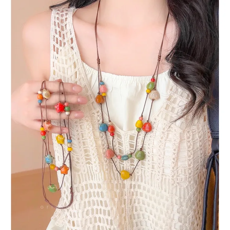 非金属陶瓷项链 彩色糖果~爱心双层叠戴项链女夏天多巴胺锁骨配饰