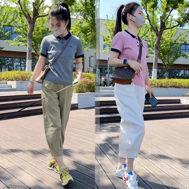 纯色polo领刺绣短袖上衣夏装小个子搭配一整套高腰九分裤两件套装