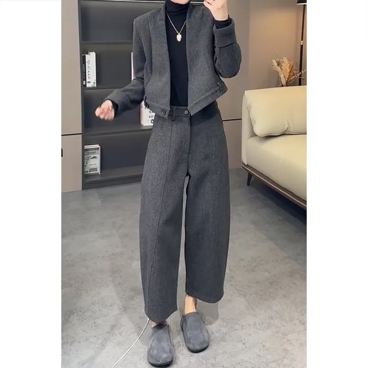 艾塔莉秋冬女装高腰洋气休闲裤纯色长袖短外套显瘦加厚款轻熟风