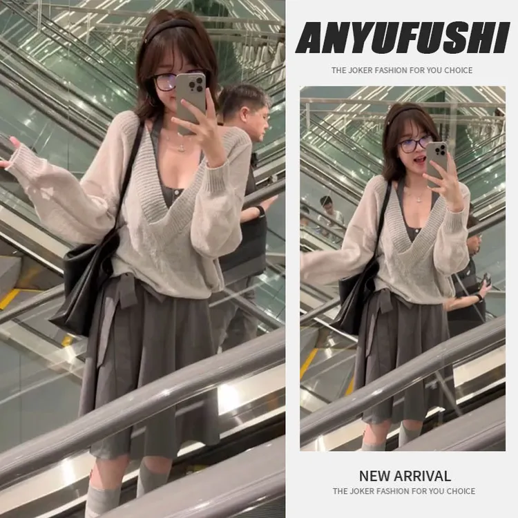 秋季穿搭一整套女2025新款纯欲挂脖针织吊带v领毛衣半身裙三件套