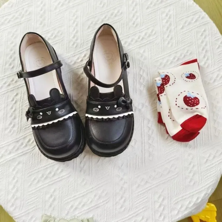 焦糖奶兔Lolita原创波波熊lo鞋可爱洛丽塔单鞋jk制服鞋平底小皮鞋