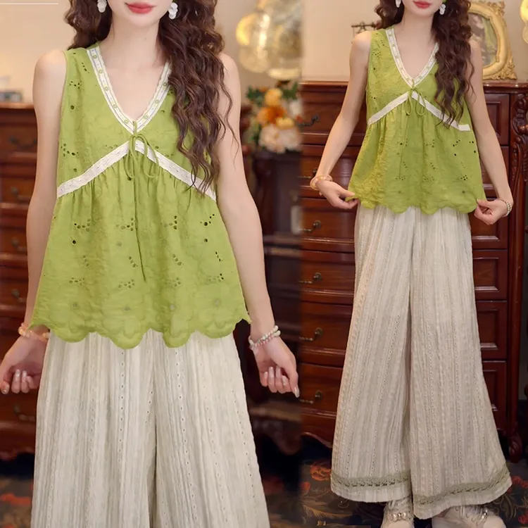 夏日一整套穿搭女2025夏季新款V领短袖高腰休闲长裤两件套