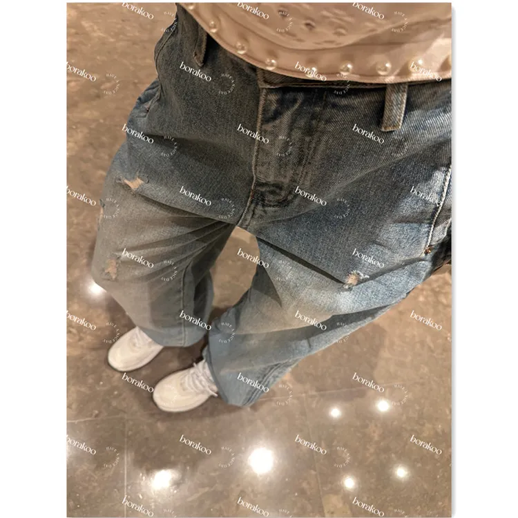 韩国【BORAKOO】东大门代购巨显瘦做旧水洗磨破直筒牛仔裤