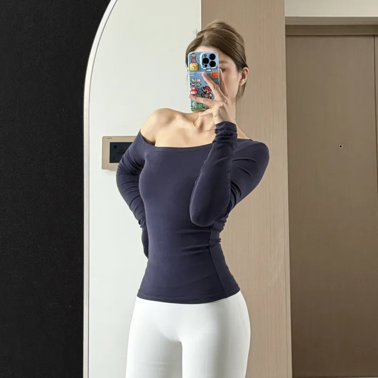 DAYOFF-秋季纯色性感斜肩露肩修身瑜伽长袖上衣T恤女