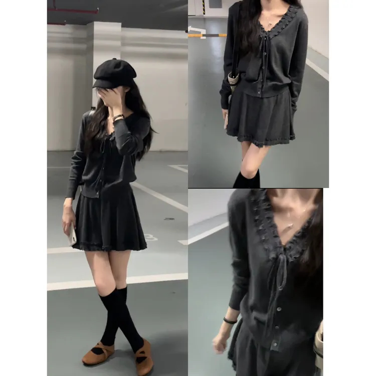 M-25815#（两件套）韩版宽松V领木耳边针织衫+针织短裙（内安全裤）
