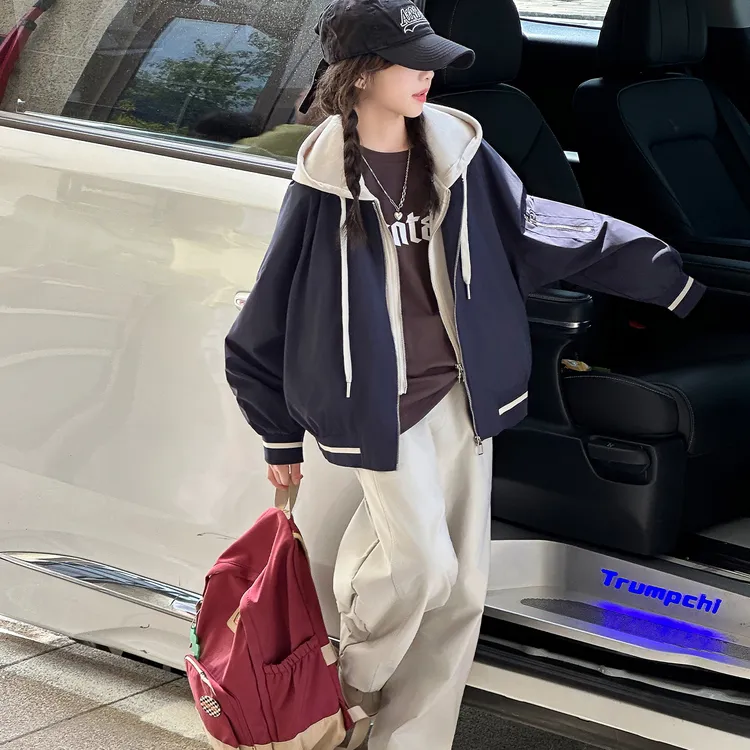 女童秋季韩版休闲连帽外套2025新款女大童洋气时髦儿童秋装棒球服