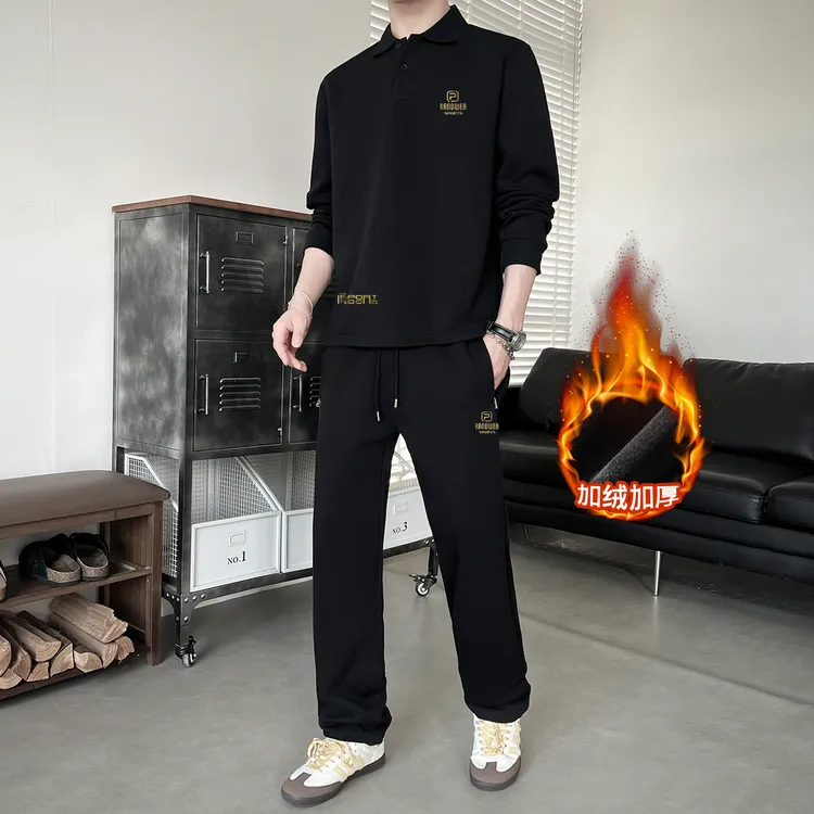 2025秋冬新款时尚男士长袖polo衫百搭休闲商务长袖休闲套装