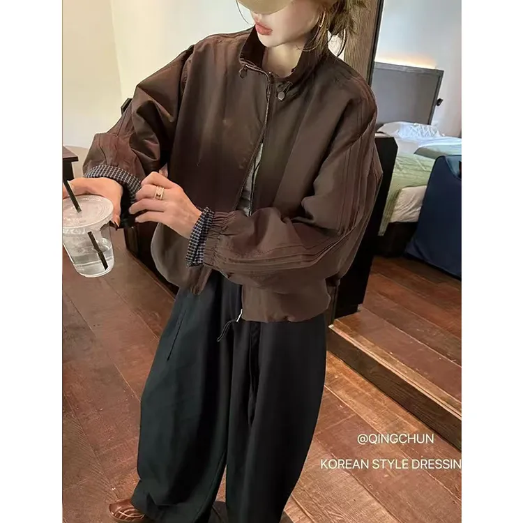 【茶芙巷】欧洲格子拼接棒球服短外套女2025秋季新款上衣潮【ZS】