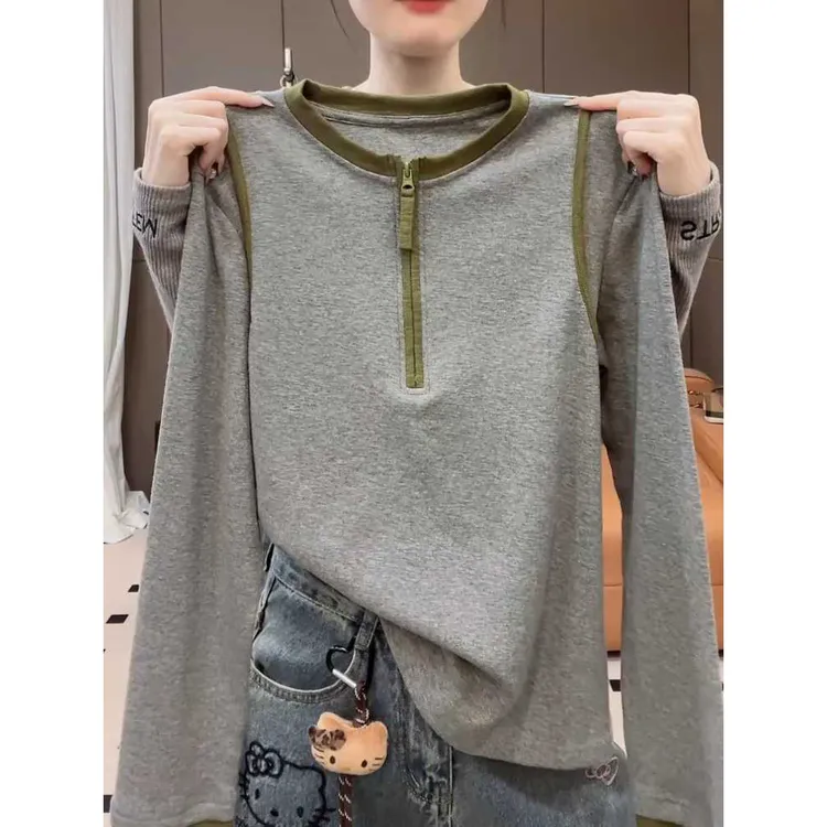 2025秋冬季新品韩版宽松显瘦长袖拼色半拉链打底衫女休闲百搭上衣