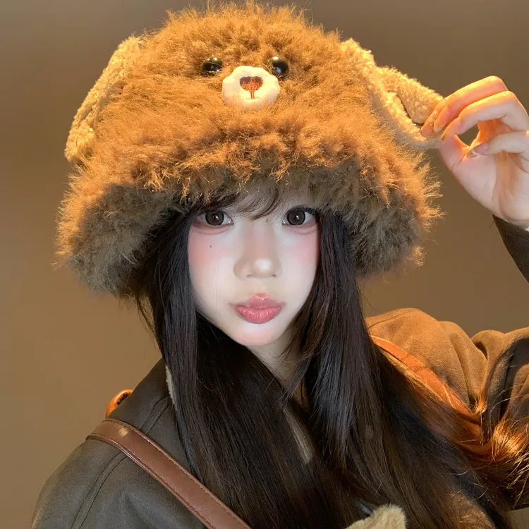 可爱小狗耳朵渔夫帽女冬季加绒加厚保暖盆帽大头围显脸小毛绒帽子