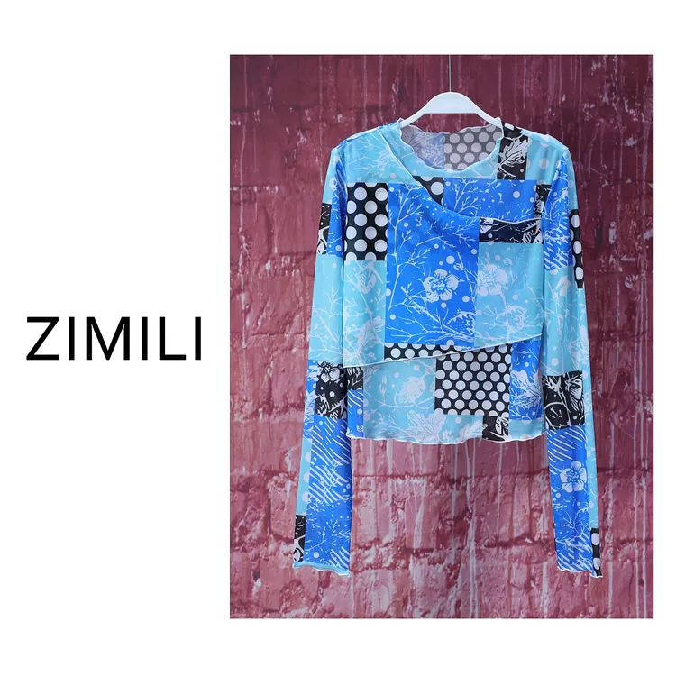 【亮哥女装】2025欧版新品小众蓝色棋盘格印花高弹网纱上衣7301-K7