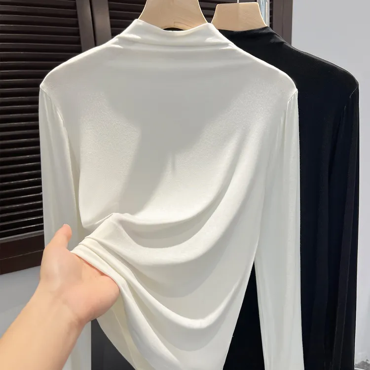 半高领莫代尔打底衫女早秋单穿t恤2025新款修身薄款内搭上衣白色