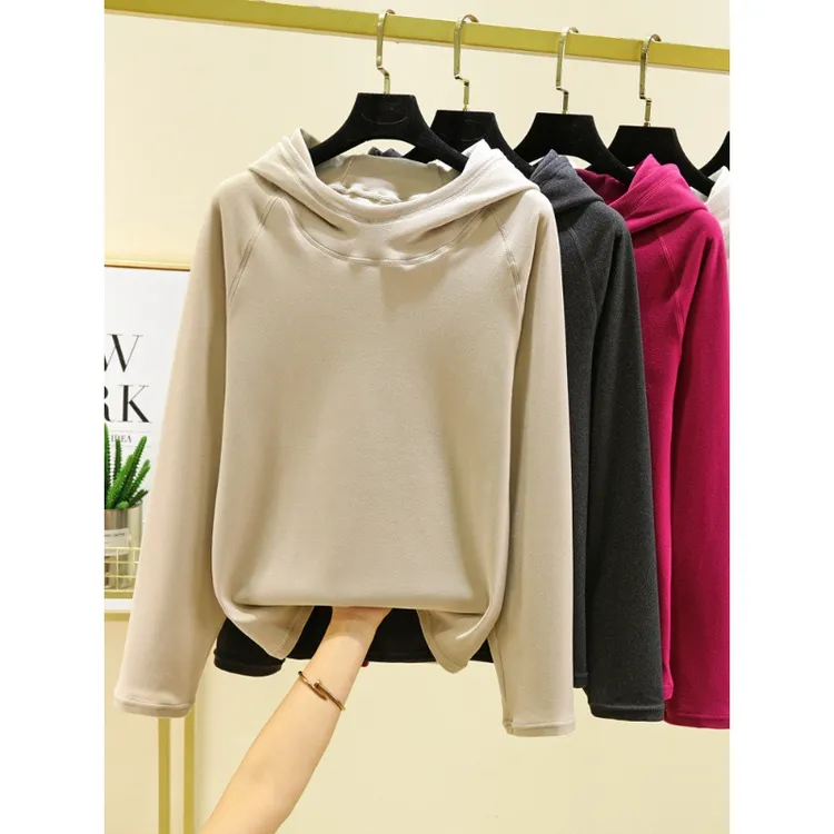 德绒连帽卫衣女秋冬季加绒加厚长袖打底衫外穿保暖上衣双面绒T恤