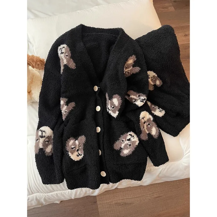 韩版甜美风可爱小狗印花黑色半边绒睡衣女秋冬加厚保暖开衫家居服