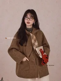 花栗鼠小姐 兔耳朵大衣 双面双穿呢大衣高克重羊毛混纺女秋冬外套