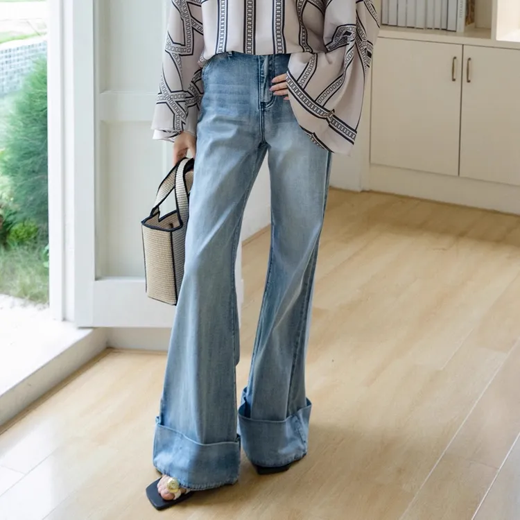 宽边微喇牛仔裤女新款显瘦两穿原牛蓝色卷边直筒裤阔腿裤0661