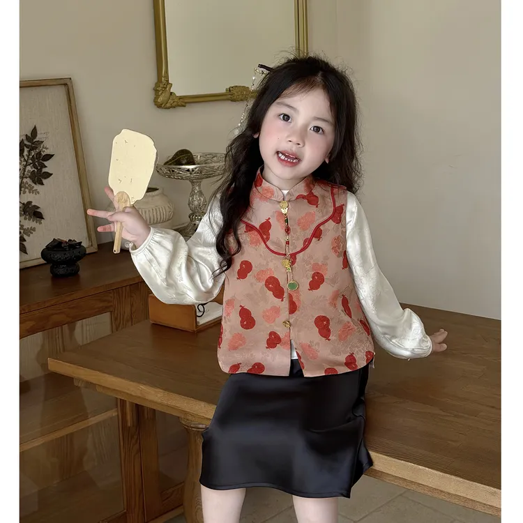 壹妈童装中国风女童秋季宽松套装复古新中式马甲长袖衬衫半身裙