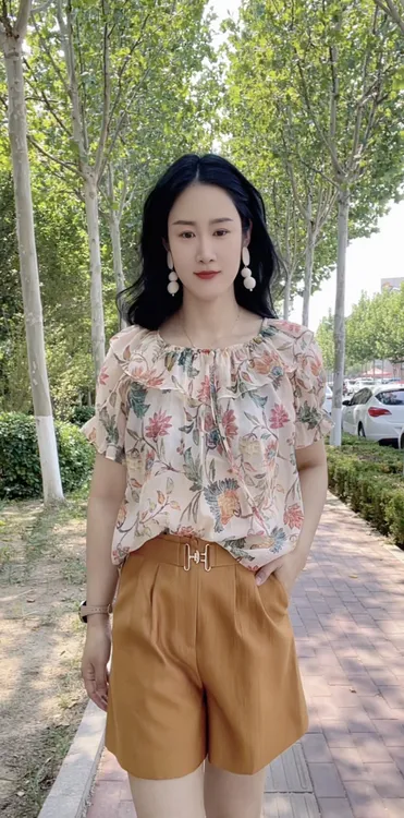 夏季新款花色泡泡袖衬衣搭配短裤时尚洋气套装女