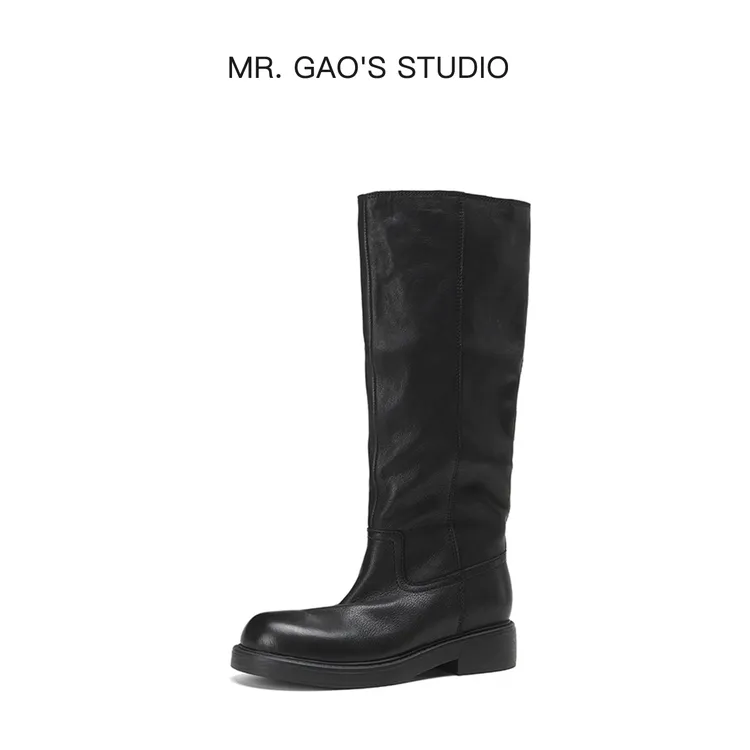 25新款高级感中筒靴时尚粗跟骑士时装靴真皮复古圆头厚底百搭女靴