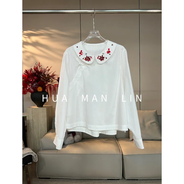 花滿林娃娃领斜门襟盘扣重工钉珠棉上衣25120