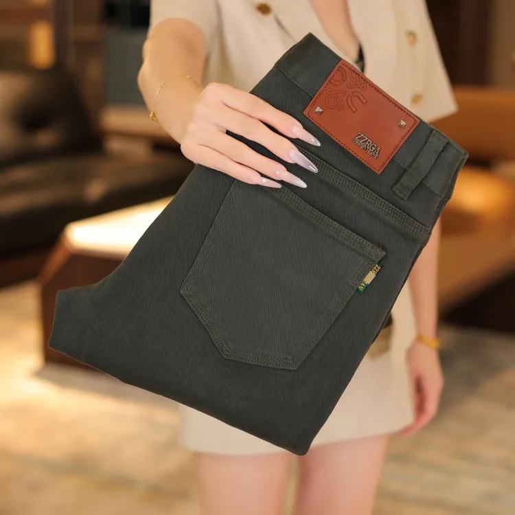 高端秋季新款顶奢乌墨绿男士修身小直筒牛仔裤潮流百搭弹力长裤