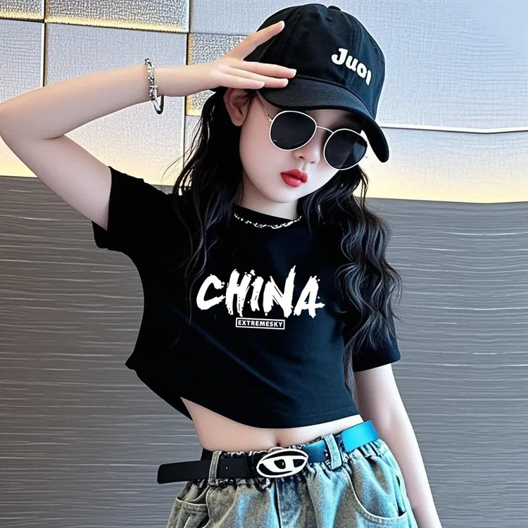 女童夏装短款高腰T恤2025新款炸街短袖上衣修身韩版女孩洋气春装