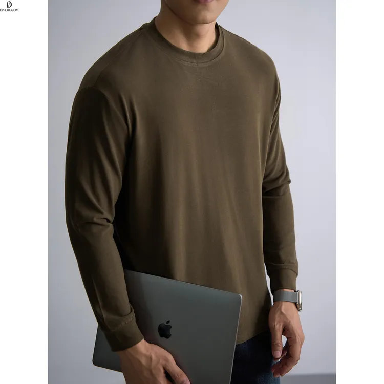 DIIIVERGOM秋季新款高级感绒感棉圆领T恤男长袖轻熟微松时尚休闲