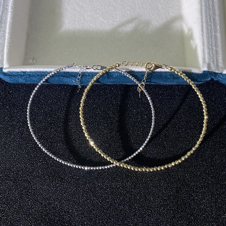 18k金镭射珠手圈 Au750白金切面爆闪可调节手链 超闪素金手镯