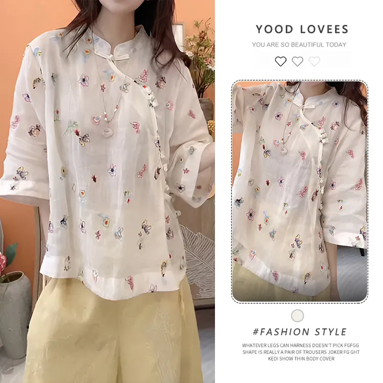 新中式杏色七分袖盘扣上衣女2025夏季新款气质设计感防晒衬衫潮