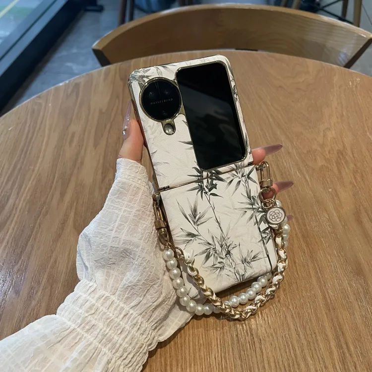 适用oppofindn3flip手机壳电镀连体墨竹纹皮套oppofindn2flip外壳