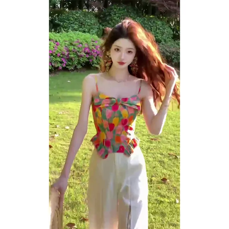 绝美碎花蝴蝶结甜美纯欲吊带气质设计感上衣百搭显瘦休闲直筒长裤