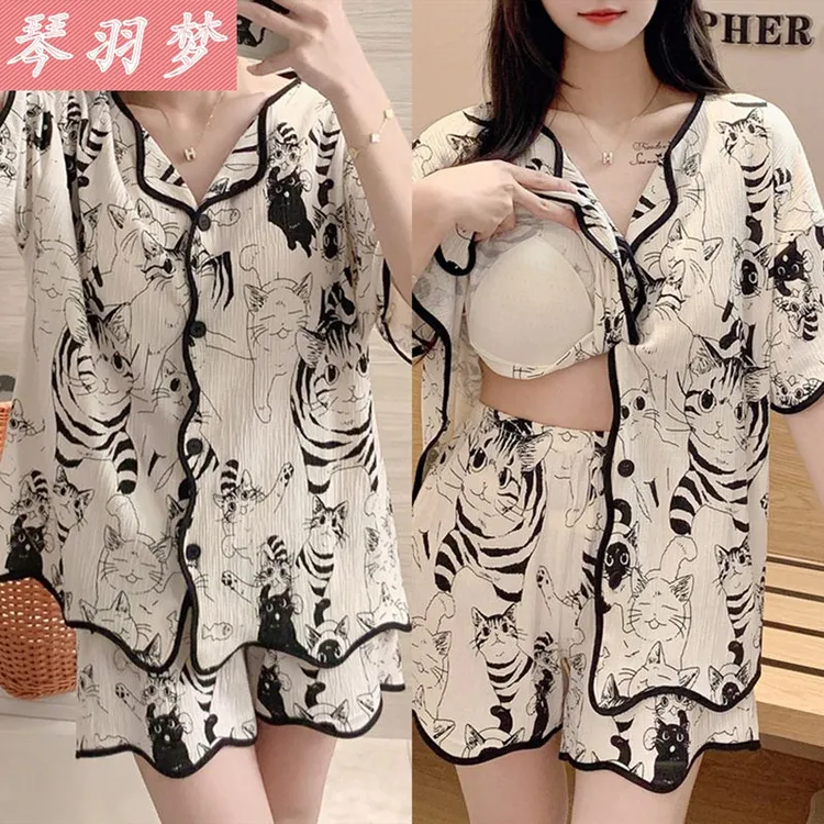 带胸垫睡衣女夏季薄款短袖短裤卡通可爱女士宿舍开衫家居服套装