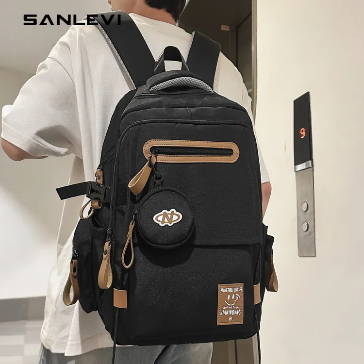 原创设计款简约纯色电脑背包大学高中书包女森系校园帆布双肩包男