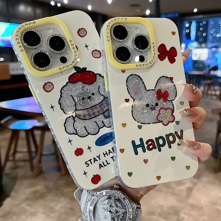 适用苹果系列iPhone16新款手机壳个性围巾小狗钻石镜框闪钻镜头膜