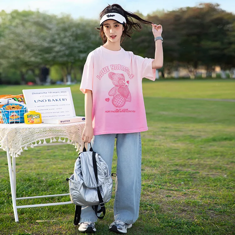女童夏季套装2025年新款儿童洋气时髦短袖T恤中大童牛仔裤两件套