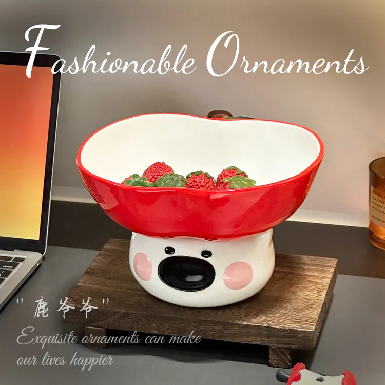 苹果小熊沥水果盘果篮果盘卡通动漫陶瓷水果盘可爱家用沙拉碗摆件
