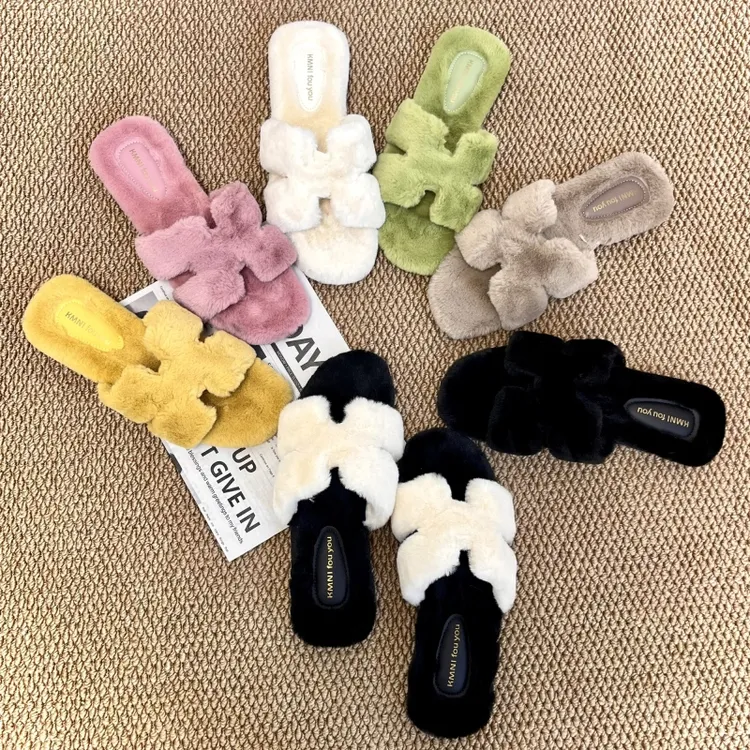 秋冬新款毛毛拖H外穿时尚休闲女一字棉拖鞋女平底居家外穿毛绒拖