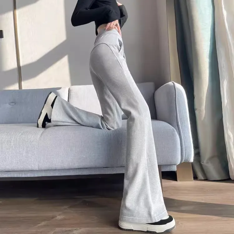 灰色微喇叭裤女春季2025年高腰窄版垂感运动卫裤拖地休闲马蹄裤子
