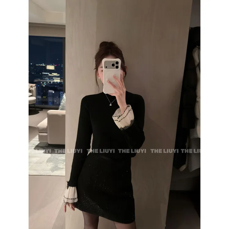 【LIUYI】韩系精致半高领拼接羊毛针织衫512118