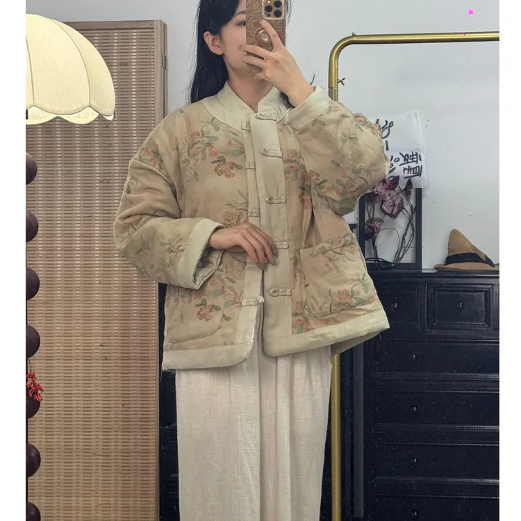 A6020新中式秋冬款国风斜纹棉麻加厚棉服外套