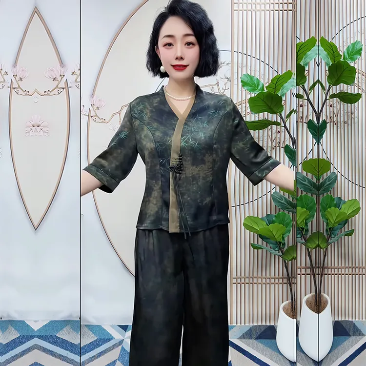 新款V领如意富贵竹上衣裤两件套夏季时尚气质中老年妈妈网红套装